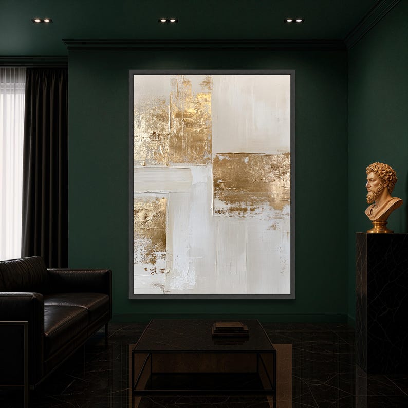 Abstract Neutral Wall Art in White and Gold, Minimalist Geometric ...