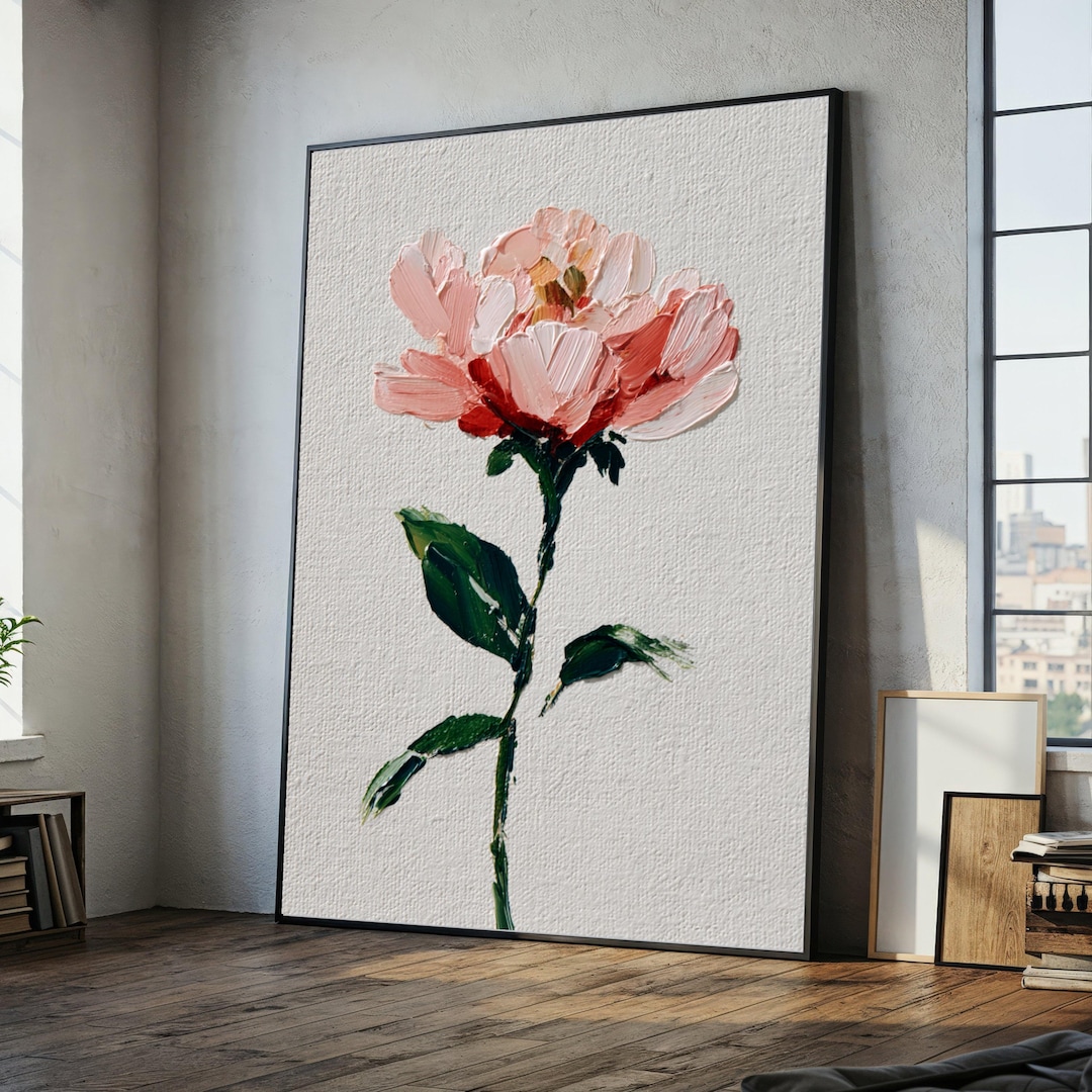 Pink Peony Flower Canvas, Floral Painting Wall Art, Brushstroke Decor ...