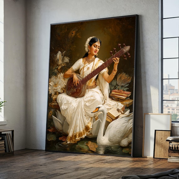 Elegant Indian Woman Playing Veena Canvas, Traditional Music Art, Cultural Wall Decor, Vintage Ethnic Home Decoration, Artistic Portrait