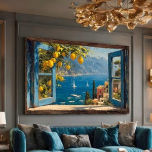 May include: A large framed painting depicts a coastal scene viewed through a blue window. The artwork showcases a vibrant blue sea, white sailboats, and colorful buildings. Yellow lemons hang from a tree, adding a touch of color.