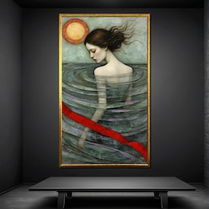 Surreal water siren submerged in ripples. Ethereal boho surreal decor for modern spaces. Canvas painting, ready to hang gift