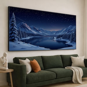 Snowy Mountain Lake at Night Canvas, Winter Landscape Wall Art, Starry Sky Nature Scene, Pine Trees Snow Canvas, Tranquil Wilderness
