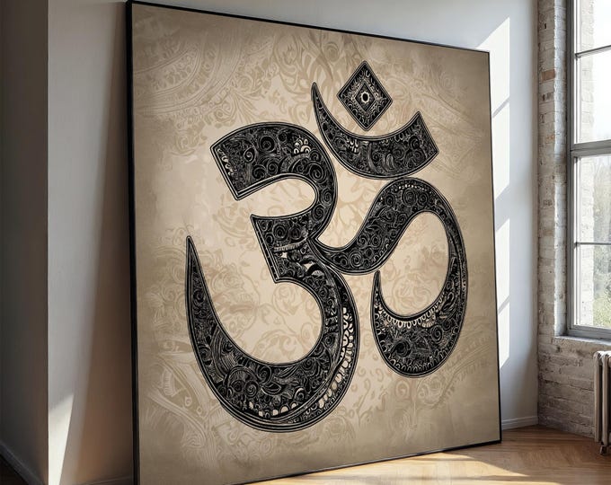 Sacred Om Canvas Painting – Spiritual Hindu Wall Art for Meditation Room, Ready to Hang Gift, Boho Yoga Decor with Mandala Details