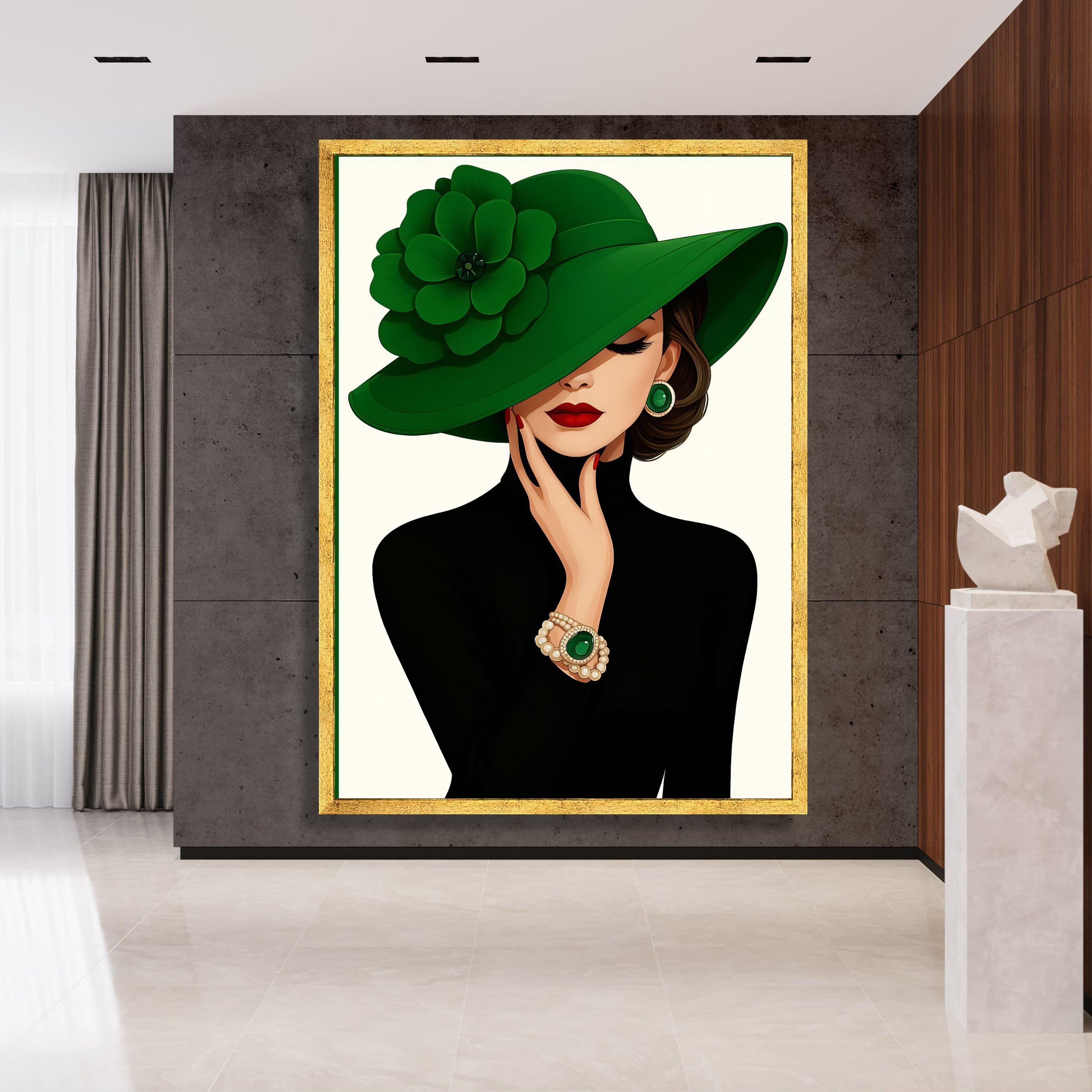 Elegant Woman in Green Hat Canvas, Fashion Portrait Wall Art, Stylish ...