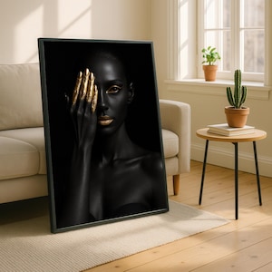 Statement Black Woman Art Gold Hand Portrait Canvas Print Modern Afrocentric Wall Decor Elegant Gold Accents