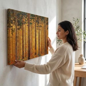 Gustav Klimt Forest Canvas Wall Art, Golden Tree Trunks, Abstract Nature Painting, Decorative Canvas, Home Art Decoration