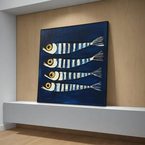 Skurrile Sardinen Leinwand Gemälde - Verspielte Fisch Kunst Inspiriert von Matisse, Spaß und einzigartiges Geschenk und Nautische Wand Dekoration für Zuhause