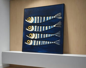 Whimsical Sardines Canvas Painting - Playful Fish Art Inspired by Matisse, Fun and Unique Gift and Nautical Wall Decor for Home