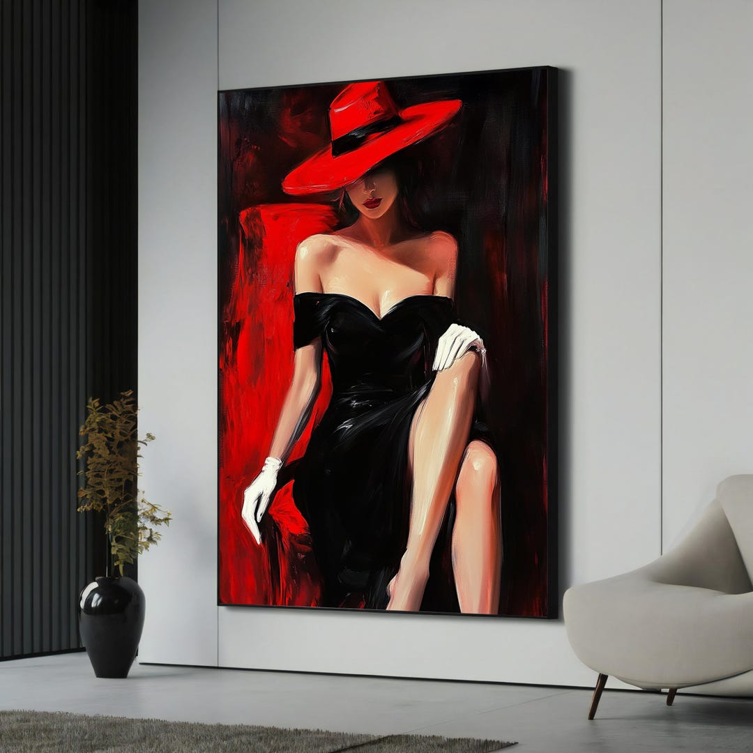 Elegant Red Hat Canvas Painting - Glamorous Woman in Black Dress ...