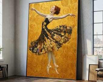 Gustav Klimt Ballet Dancer Canvas, Gold Wall Art, Decorative Dance Painting, Elegant Ballet Girl Canvas, Modern Home Décor
