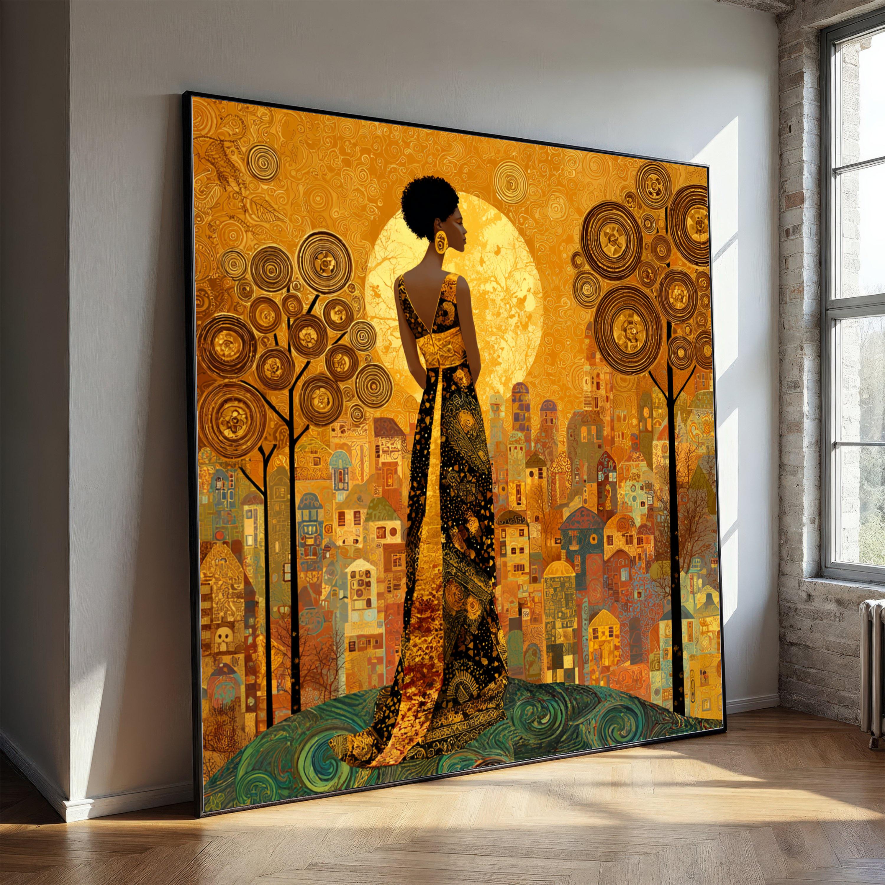 Gustav Klimt Woman in Patterned Dress Canvas Wall Art, Abstract Golden ...
