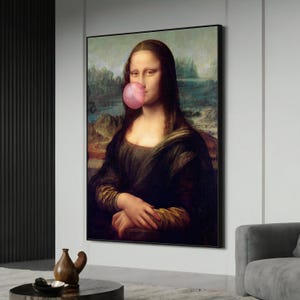 Fun Mona Lisa Canvas Painting with Bubble Gum - Quirky Pop Art for Home Décor, Unique Gift Idea for Art and Humor Lovers
