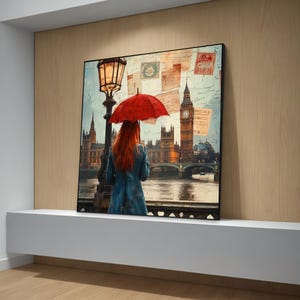 Romantic London Canvas Painting – Red Umbrella Scene with Big Ben, Perfect British-Inspired Wall Art and Unique Gift Idea