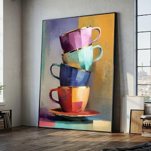 Può includere: Stampa artistica incorniciata raffigurante una pila di tazze da tè colorate. Le tazze sono dipinte in rosso, blu, turchese e viola, con bordi dorati. Lo sfondo presenta pennellate verticali viola, gialle e grigie.