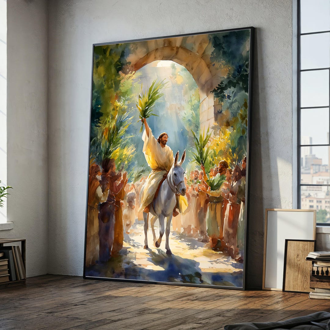 Palm Sunday Celebration Canvas, Jesus Riding Donkey Wall Art, Christian ...
