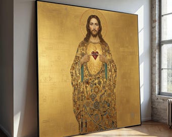 May include: Large framed artwork featuring a figure with long brown hair and a halo, wearing a gold and patterned robe. The figure points to a red heart. The background is gold with subtle patterns.