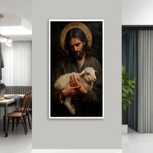 May include: A painting of a man with long brown hair and a beard holding a white lamb in his arms. The man is wearing a dark robe and the lamb is looking up at him. The background is dark and there is a halo around the man's head.