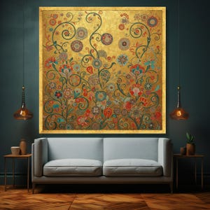 Gustav Klimt Floral Canvas, Gold Leaf Wall Art, Decorative Botanical Print, Vintage Style Home Decor, Elegant Canvas Wall Art image 2