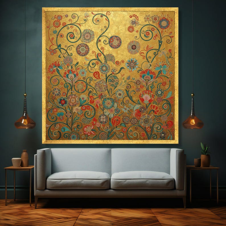 Gustav Klimt Floral Canvas, Gold Leaf Wall Art, Decorative Botanical Print, Vintage Style Home Decor, Elegant Canvas Wall Art image 2