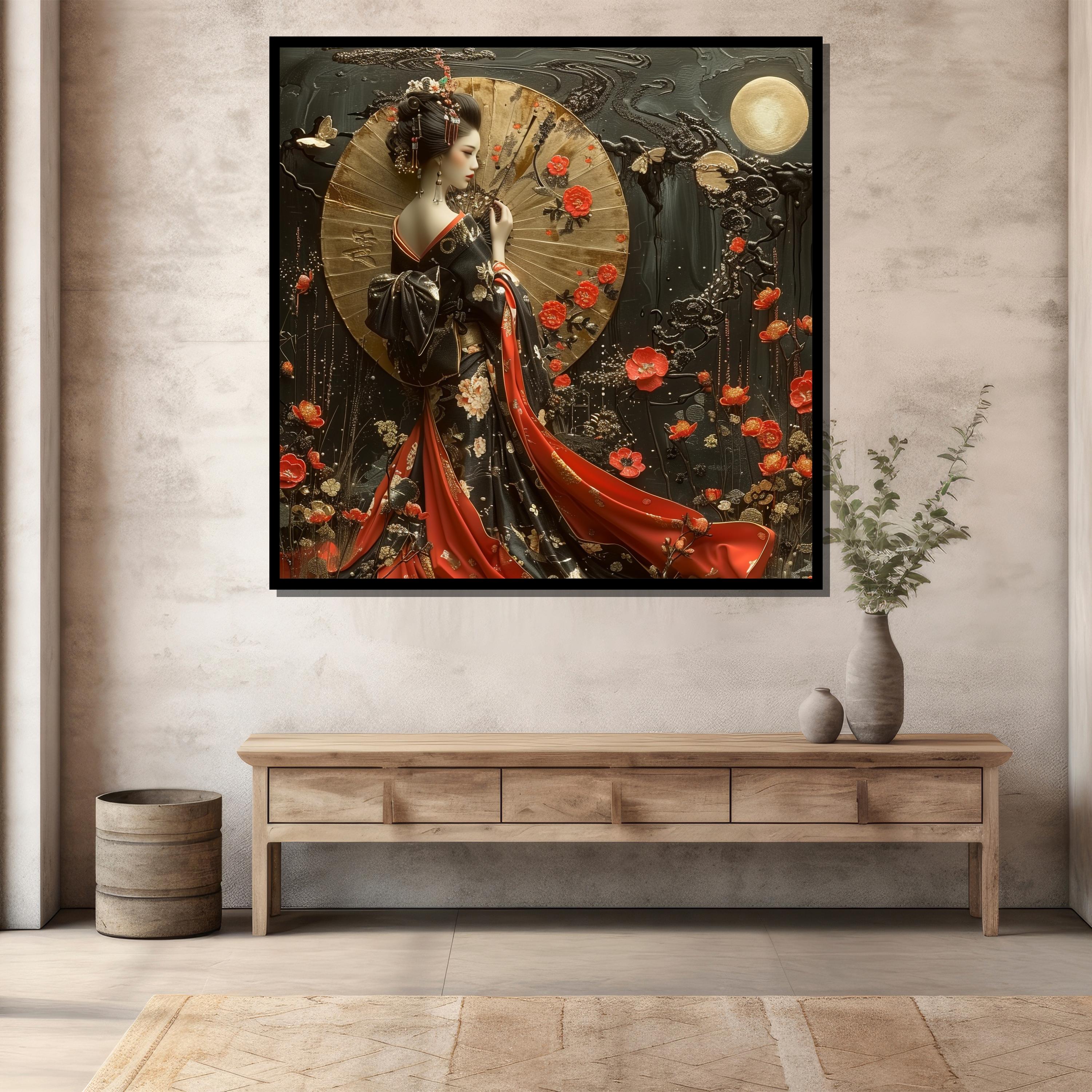 Elegant Geisha With Umbrella Canvas Painting – Japanese Woman Wall Art ...