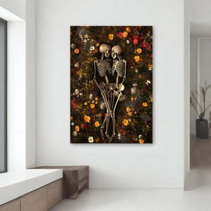 Quadro su tela con scheletro e amore eterno - Arte murale gotica romantica, regalo di San Valentino, decorazione artistica con scheletro e fiori immagine 4