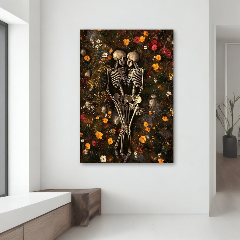 Quadro su tela con scheletro e amore eterno - Arte murale gotica romantica, regalo di San Valentino, decorazione artistica con scheletro e fiori immagine 4