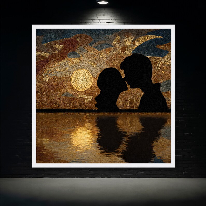 Gustav Klimt Mosaic Couple Silhouette Canvas, Romantic Sunset Wall Art ...