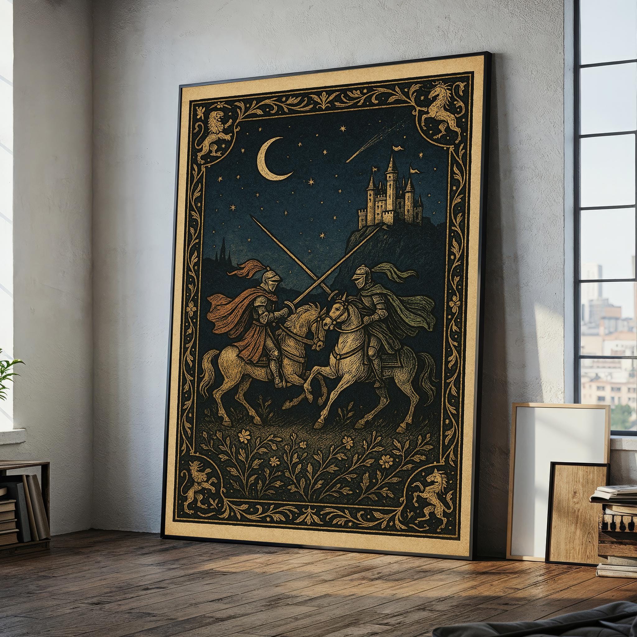 Medieval Knight Duel Tapestry Art - Gothic Fantasy Canvas with Castle & Moonlit Joust - Epic Wall Decor for Library or Game Room