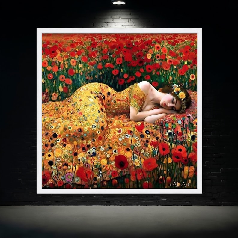 Gustav Klimt Sleeping Woman Canvas, Floral Poppy Field Wall Art ...