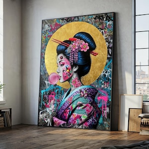Arte de parede em tela de gueixa com grafite, pintura de arte pop japonesa, arte de rua asiática moderna e colorida para decoração de casa ou loft