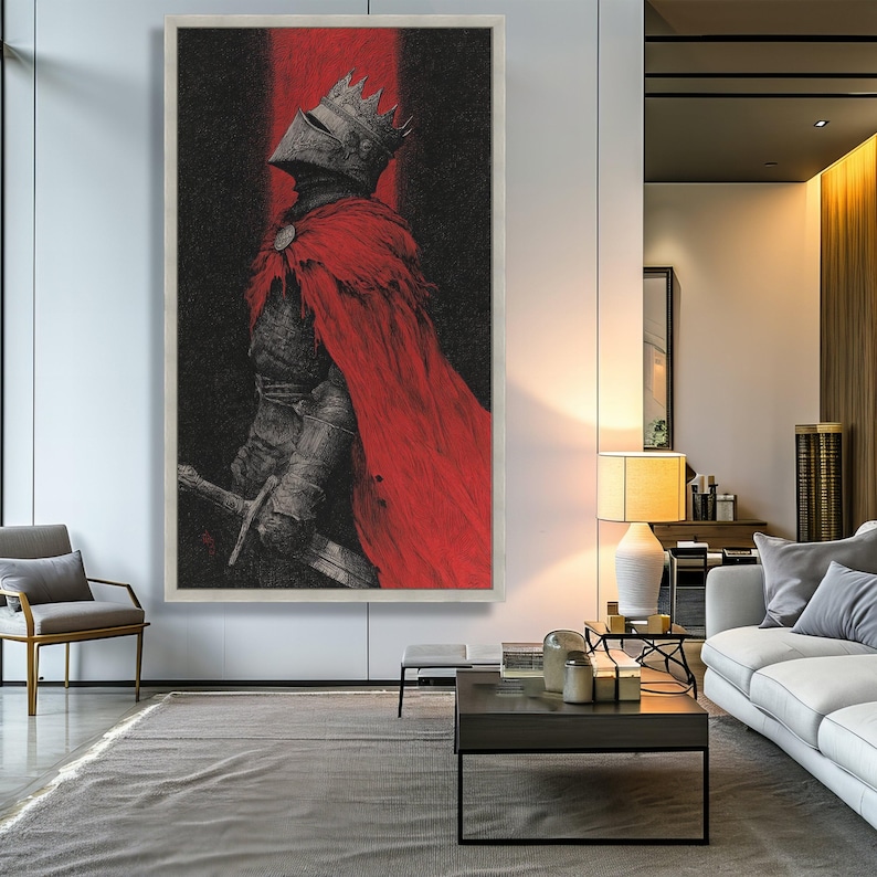 Dark Knight in Crown and Red Cape Canvas, Medieval Armor Wall Art ...