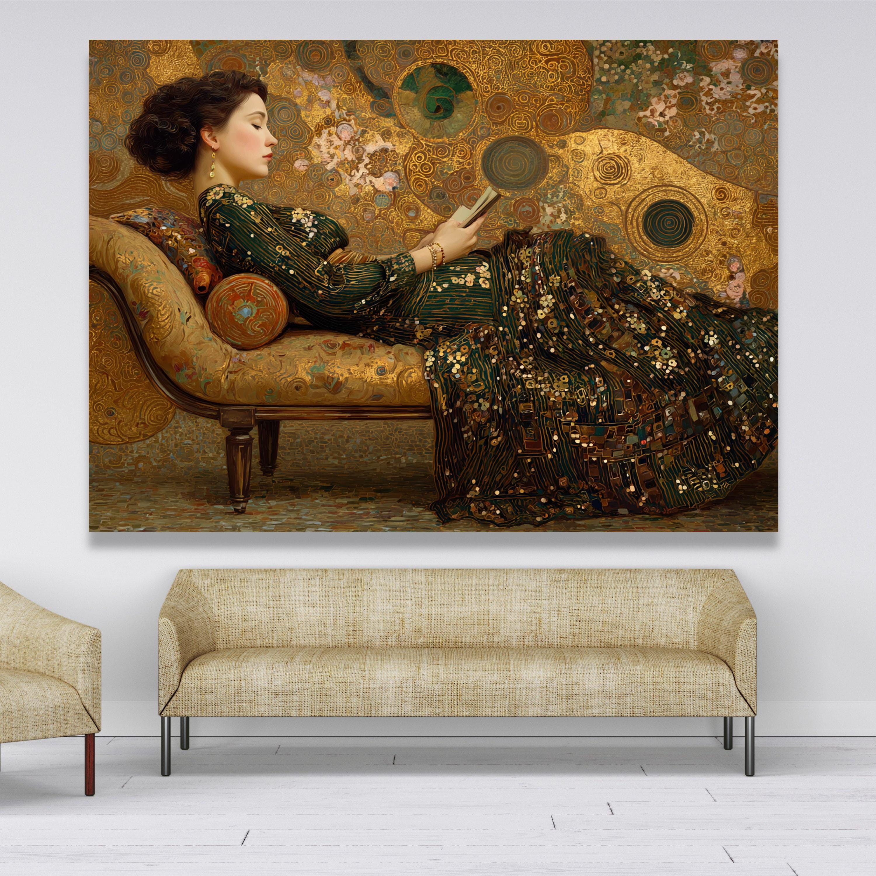 Gustav Klimt Woman Reading Canvas, Elegant Art Nouveau Wall Art, Gold ...