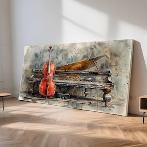 Op de afbeelding: Waterverfschilderij van een vleugel en een viool. De vleugel is donkerbruin met een gedeeltelijk open deksel. De viool is roodbruin en staat voor de piano. De achtergrond is een gedempt grijs met verfspatten.