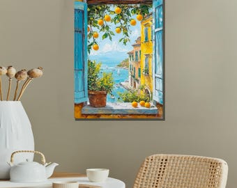 Mediterranean Coastal View Canvas Painting - Ready to Hang Kitchen