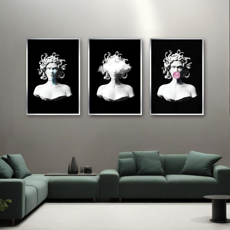 May include: Three framed art prints featuring white busts of Medusa against a black background. One has a blue hue, another has a cloud, and the third has a pink bubble. The prints are displayed above a green sofa.