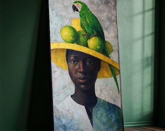 African Woman Portrait Canvas, Exotic Parrot and Fruit Hat Painting, Colorful Figurative Wall Art, Contemporary Ethnic Home Decor