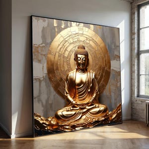 Gouden Boeddhabeeld canvas, zen meditatie kunst aan de muur, spiritueel huisdecor, boeddhistische kunstafdruk, vredige sereniteit canvas, rustige kamer