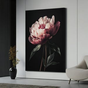 Modern Dark Floral Peony Canvas Painting | Elegant Large Flower Artwork Gift for Living Room, Bedroom, or Office Decor