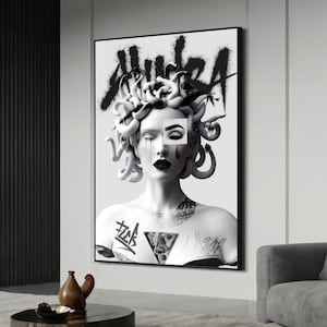 Graffiti Medusa Canvas Painting - Modern Street Art Inspired by Banksy, Bold Mythology Artwork for Home Décor, Unique Gift Idea image 1