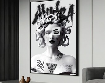 Cuadro de Medusa Graffiti sobre Lienzo - Arte Callejero Moderno Inspirado en Banksy, Obra de Arte Mitológica Atrevida para la Decoración del Hogar, Idea de Regalo Única