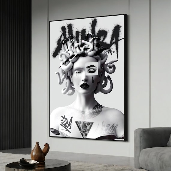 Graffiti Medusa Canvas Painting - Modern Street Art Inspired by Banksy, Bold Mythology Artwork for Home Décor, Unique Gift Idea