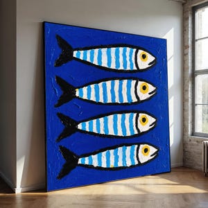 Muurkunst kustvissen | Blauw en wit gestreepte vis geweven canvas schilderij | Op nautische oceaan geïnspireerde kunstwerken voor keuken Beach House Decor