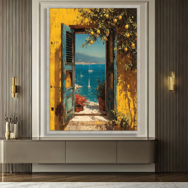 Mediterranean Seaside View Canvas, Open Blue Door Wall Art, Coastal ...