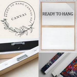 Pu&ograve; includere: Arte su tela, pronto per essere appeso. L'immagine mostra il retro di una stampa su tela con una cornice in legno e un gancio a dente di sega in metallo. La tela &egrave; bianca e il testo "READY TO HANG" &egrave; stampato sul retro. L'arte su tela &egrave; arrotolata.