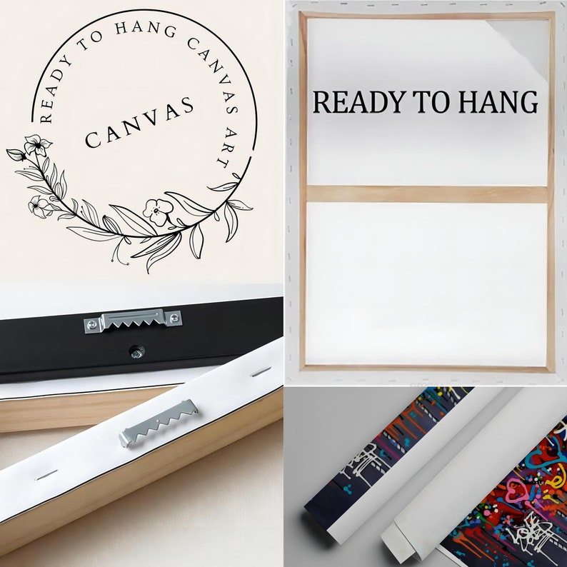 Pu&ograve; includere: Arte su tela, pronto per essere appeso. L'immagine mostra il retro di una stampa su tela con una cornice in legno e un gancio a dente di sega in metallo. La tela &egrave; bianca e il testo "READY TO HANG" &egrave; stampato sul retro. L'arte su tela &egrave; arrotolata.