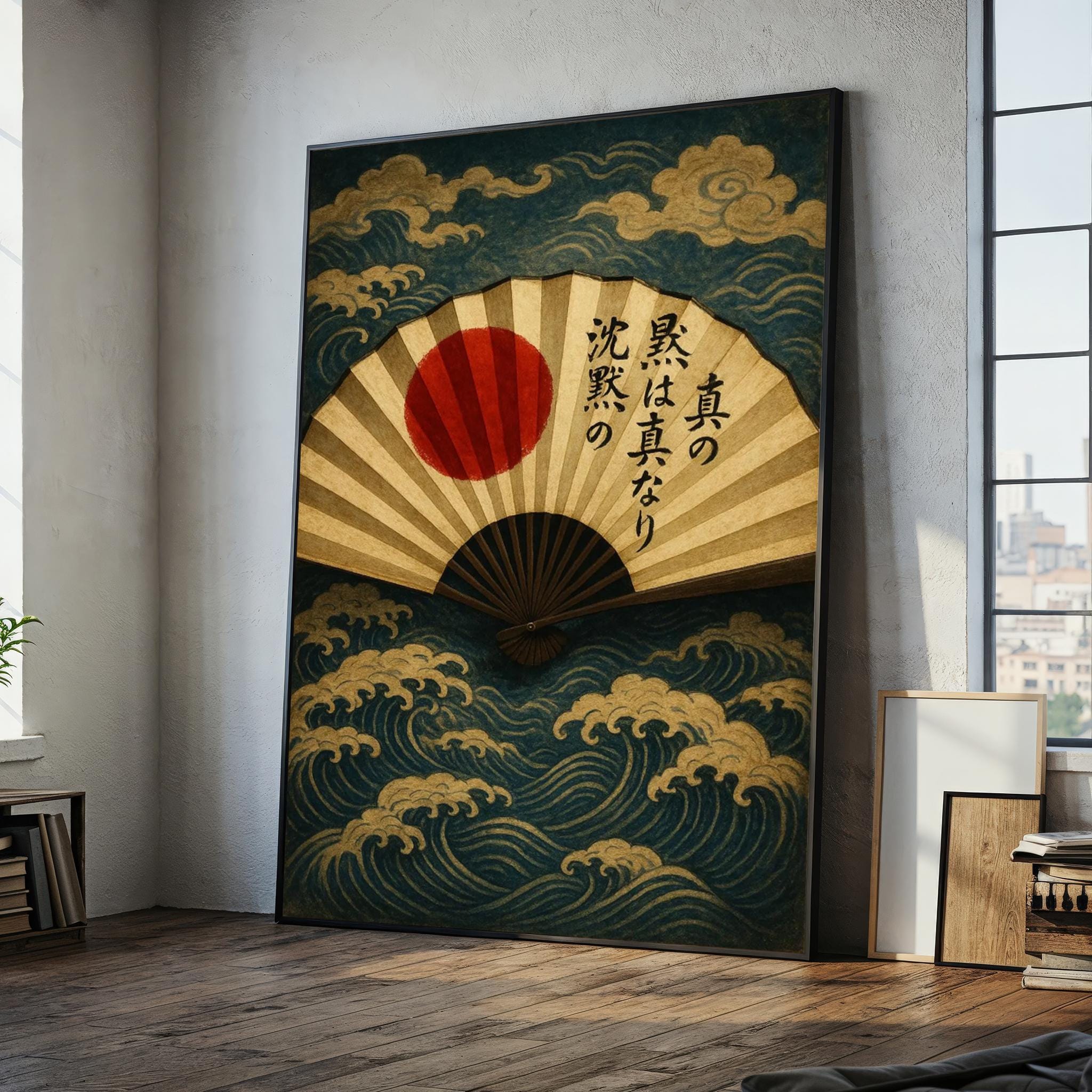 Japanese Fan Canvas Painting With Waves & Rising Sun – Vintage