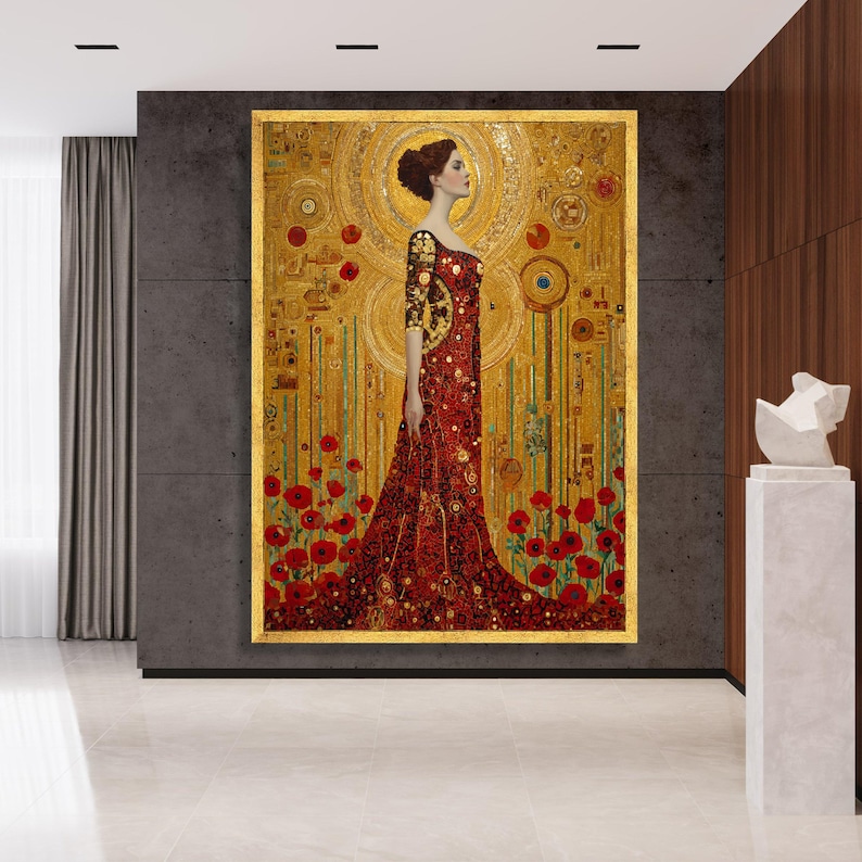 Gustav Klimt Woman in Red Dress Canvas Wall Art, Golden Mosaic Floral ...