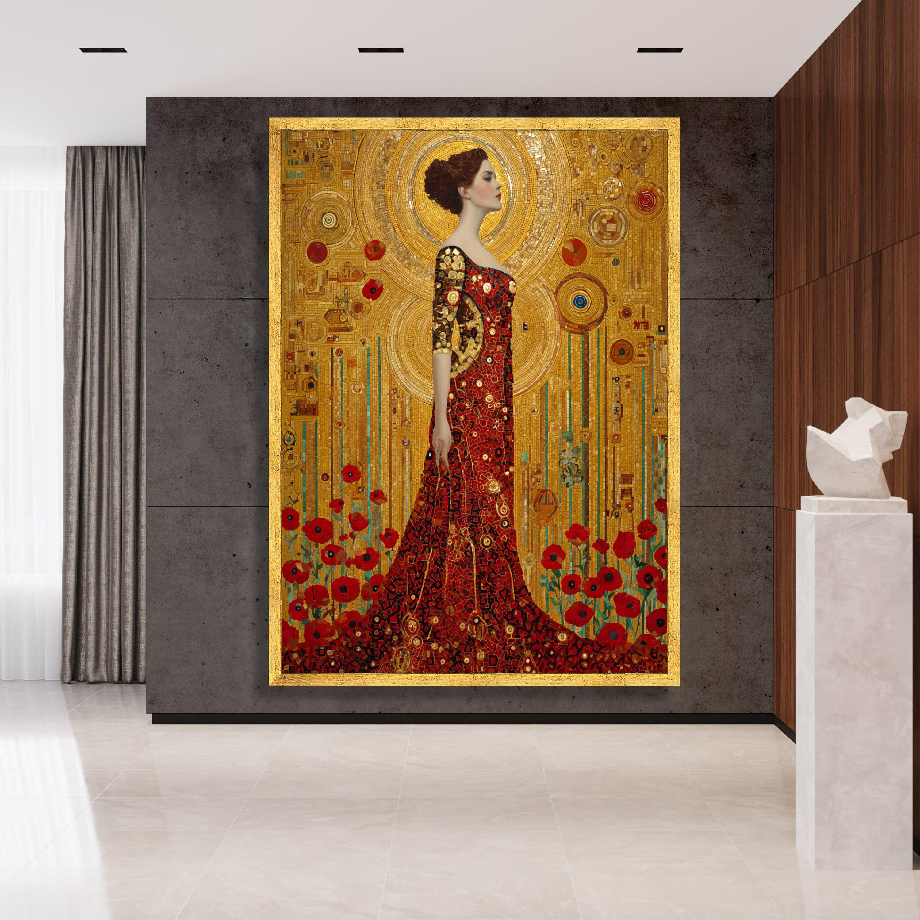 Gustav Klimt Woman in Red Dress Canvas Wall Art, Golden Mosaic Floral ...