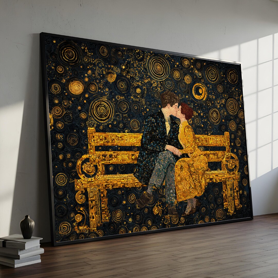 Gustav Klimt Romantic Kiss Canvas Wall Art, Gold Mosaic Style Couple ...