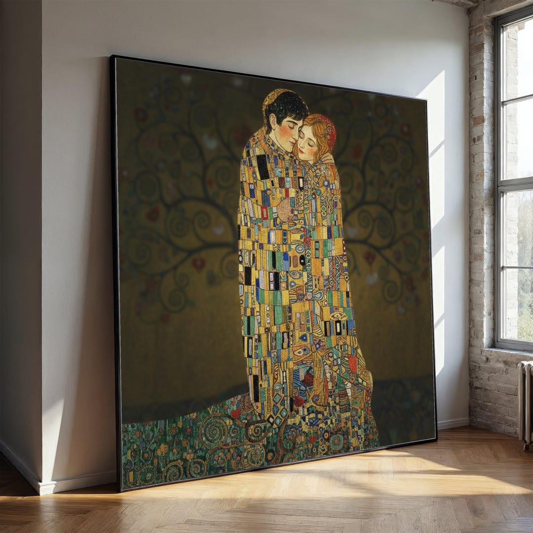 Gustav Klimt the Kiss Canvas Wall Art, Romantic Embrace Painting, Gold ...